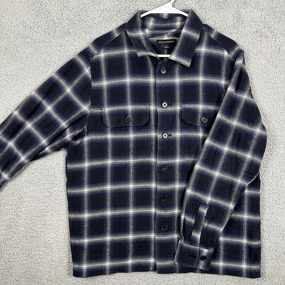 Banana Republic Shirt Flannel Mens Large Blue Black Plaid Button Up Flap Pockets